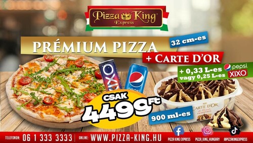 Pizza King 3 - 32cm prémium pizza jégkrémmel és üdítővel - Jégkrém menük - Online rendelés